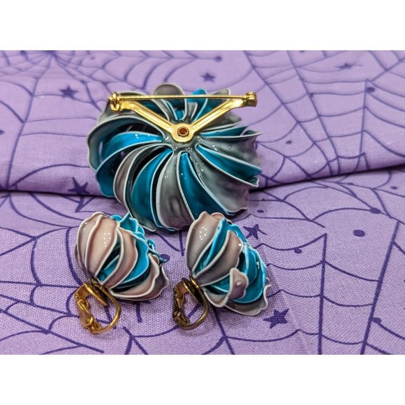 Vintage Unique Teal and Pink/Grey Brooch and Earrings Set, Unmarked - Picture 5 of 6